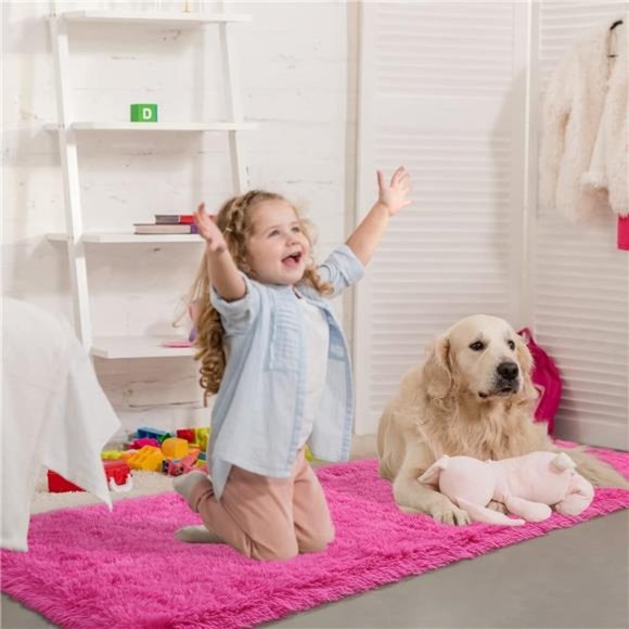 Shag Runner Rug for Bedroom,2x6 Feet Fluffy Rugs with Non-Slip Bottom, Hot Pink - Picture 6 of 6